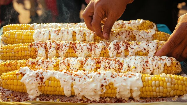 A street vendor in Mexico preparing elotes (grilled corn), smothering the corn with mayonnaise, cheese, and chili powder. Customers eagerly line up for the flavorful treat. 