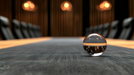 Abstract Glass Sphere on Conference Table  Blurred Office Background