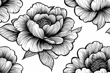 hyper realistic photo of  Pattern with big peony flowers in graphic in toile de jouy style black and white , isolated on white background,  , copy space, copy space for text,