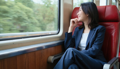 A woman with straight black hair, wearing a navy suit, sits by a window on a train, looking outside.