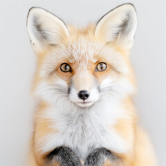 Fototapeta premium A vibrant red fox gazes intently with its piercing eyes. Its orange fur radiates warmth against a simple white background, highlighting its sharp, intelligent features.
