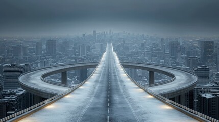 Fototapeta premium Futuristic City Highway Snowy Road Elevated Road Winter Cityscape Cinematic View