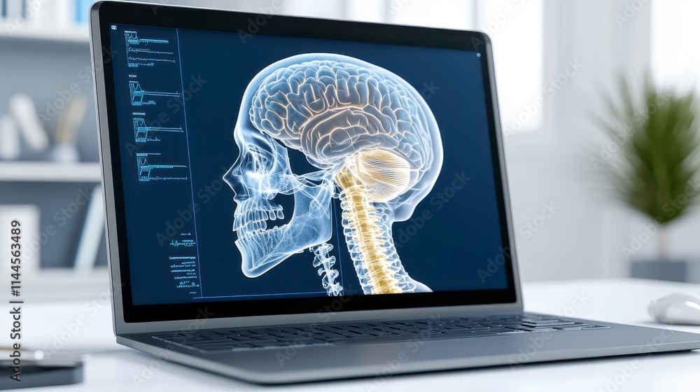 Poster a laptop displaying a detailed anatomical image of the human brain and spinal cord, highlighting neu