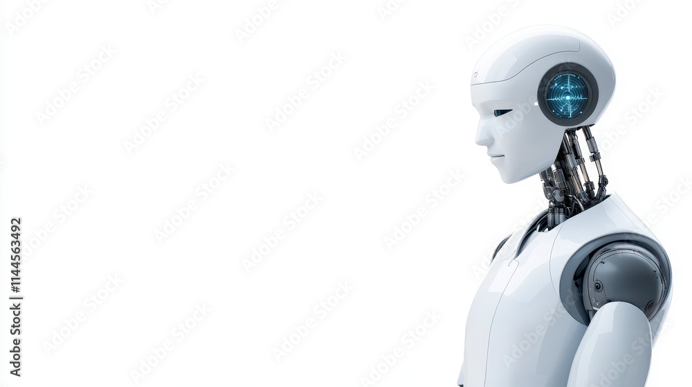 Poster a futuristic robot with a sleek design and digital interface stands in profile, showcasing advanced 