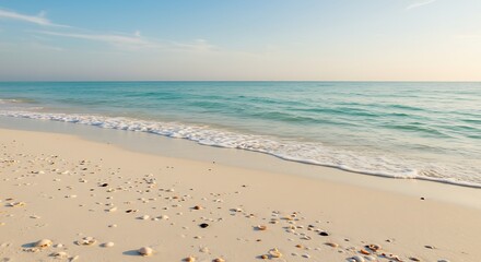 A pristine beach with seashells scattered on the sand and gentle waves washing ashore