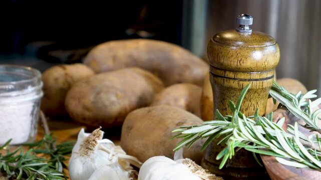 Cooking garlic rosemary roasted potatoes for dinner as a side dish.  Baking potatoes with fresh rosemary and garlic made in the oven.