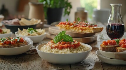 A traditional family-style Italian dinner served on a rustic wooden table, with bowls of creamy risotto, platters of fresh bruschetta topped with tomatoes and basil, a carafe of red wine, and 