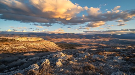 The fading light of a perfect sunset over the alpine mountains, casting long shadows on the rocky terrain as clouds drift across the sky 