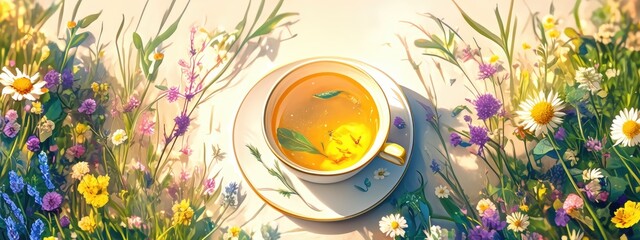 Obraz premium Cup of tea with flowers and herbs on a light background. Selective focus.