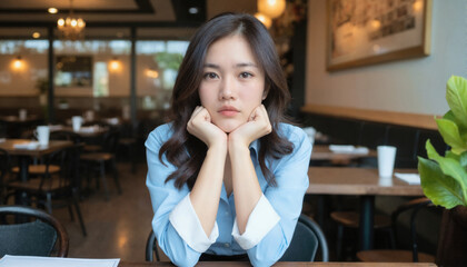 A young Asian woman with shoulder-length brown hair sits pensively in a cozy cafe, resting her chin on her hand.