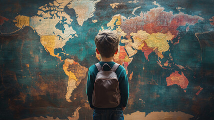 world map on the wall and a child