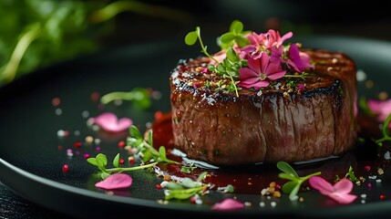 A gourmet beef steak is plated with edible flowers and artistic sauce, set on a black ceramic plate under dramatic lighting, emphasizing luxury culinary art in a moody atmosphere.