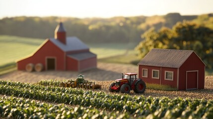 A miniature farm scene featuring a red barn, tractor, and crops in a rural landscape.