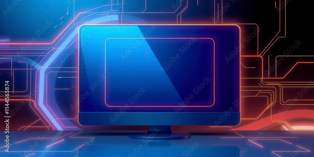 Poster abstract digital computer screen design with glowing lines and futuristic elements, vector, illustra