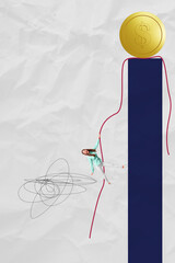 Composite trend artwork sketch photo collage of money coins rich success arrow up growth business young woman climb up hold rope effort