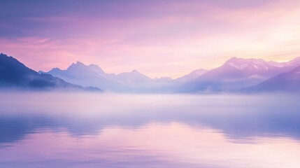 Obraz premium A soft, pastel-colored sunset over a calm lake, with mist rising from the water and distant mountains in the background.