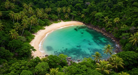 Obraz premium A secluded cove surrounded by lush greenery, with emerald green water and soft sand