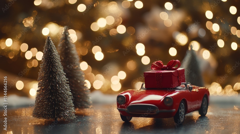 Poster close-up of a red convertible toy car carrying a wrapped gift, surrounded by miniature evergreen tre