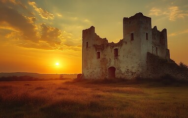 Sunset over a ruined castle in a field.
