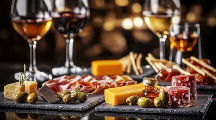 An elaborate charcuterie and wine pairing event, with sommelier-guided tastings featuring aged cheddar, prosciutto, truffle honey, olives, and artisan breadsticks arranged artistically on slate 