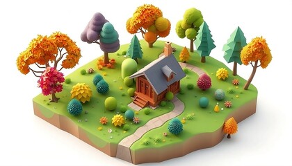 Cute Cartoon Autumn Cottage in a Colorful Garden