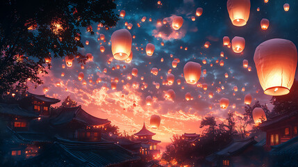  a magical illustration of a traditional korean lantern festival with hund