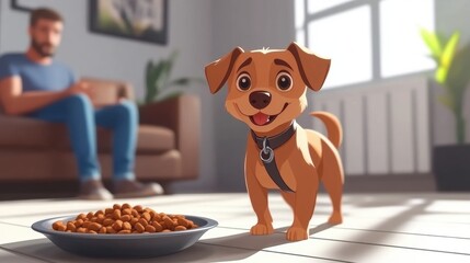 A cheerful cartoon-style dog stands near a bowl of food in a cozy home setting, with a man sitting in the background. Ideal for pet-related themes.