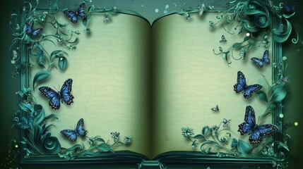 A magical open book surrounded by intricate floral details and vibrant butterflies, evoking a sense of wonder and fantasy. Ideal for creative storytelling.