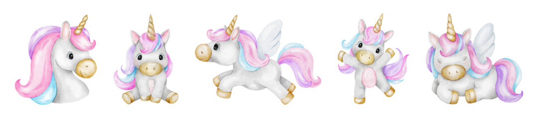 Set of Cute Unicorns isolated hand drawn watercolor illustrations. Clipart with fairy tale pony for girl's clothes, baby shower and birthday cards, posters, stickers, packaging design