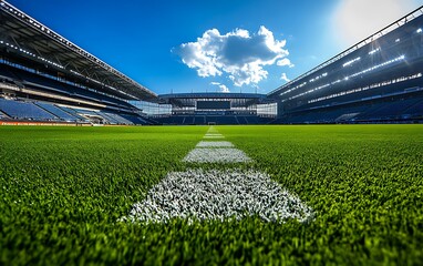 Fototapeta premium Lush green soccer field, stadium stands under a bright blue sky.