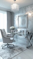 Fototapeta premium A sleek home office featuring a glass desk, tufted chair, silver textured walls, and a chandelier. The space exudes elegance and sophistication.