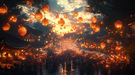  a vibrant korean street festival scene filled with hanging lanterns,