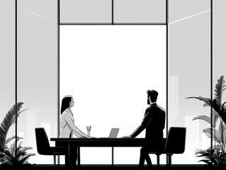 A monochrome illustration of a professional business meeting between a man and a woman in a sleek office with tall glass windows and city views.