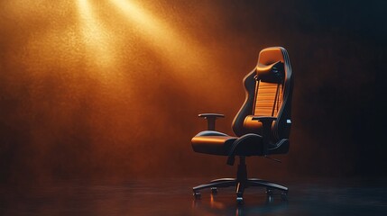Illuminated gaming chair in dark studio.