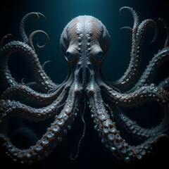 Obraz premium A lone figure confronts a colossal, otherworldly octopus in a mystical swamp.