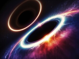 Conceptual visualization of two black holes merging in a cosmic space with vibrant colors and energy waves