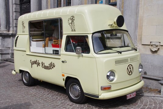 A Cream Coloured VW T2 Ice Cream Van. Bruges, Belgium, August 2012. 