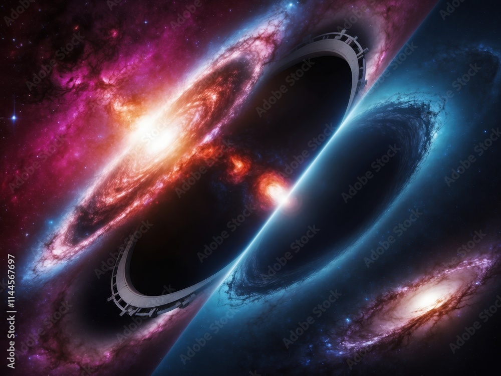 Poster cosmic journey through a vibrant wormhole connecting distant galaxies in a mesmerizing universe fill