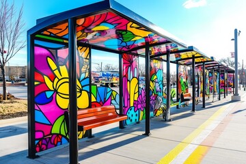 Colorful street art bus stop featuring vibrant mural