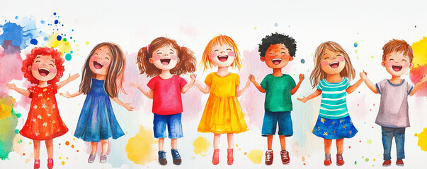 group of joyful children singing and laughing together, wearing vibrant and colorful outfits, with playful watercolor splash background that adds cheerful and artistic touch