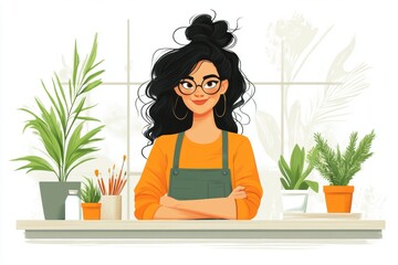 Digital illustration of a woman in glasses and an apron, surrounded by plants and art tools. Bright and clean design representing creativity and artistic spirit.