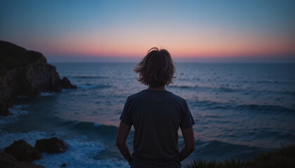 Fototapeta premium Man gazing at the ocean during a sunset on a quiet shore 