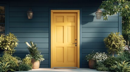 Fototapeta premium Sunny yellow door on blue house with green plants.