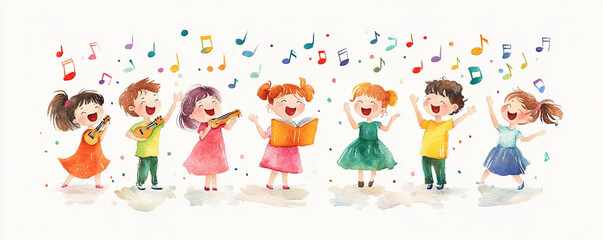 group of cheerful children joyfully singing and playing musical instruments, surrounded by colorful musical notes, expressing happiness and creativity