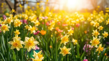 Fototapeta premium A lush field of vibrant yellow daffodil flowers swaying in the breeze under a clear blue sky, garden, seasonal