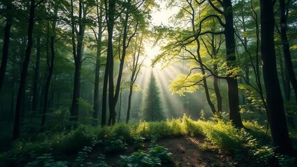 Obraz premium A lush green forest with sunlight streaming through the leaves, creating a magical and ethereal atmosphere, foliage, environment