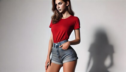 "Young Caucasian Woman in Red T-Shirt and Gray Denim Shorts Standing Against a White Background"