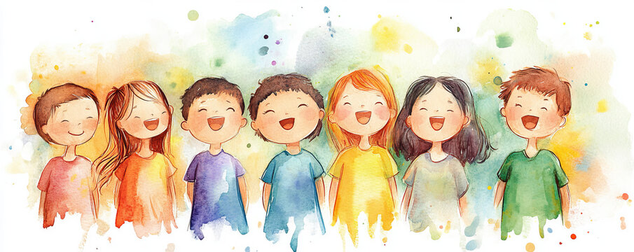 group of cheerful children singing together, radiating joy and harmony, painted in vibrant watercolor style with colorful splashes in background