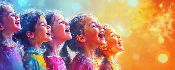 vibrant group of children joyfully singing together, illuminated by colorful, glowing lights, creating cheerful and magical atmosphere