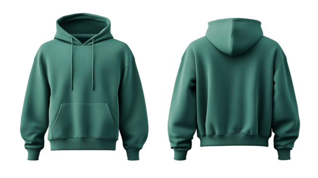 Set of mint green front and back view tee hoodie hoody sweatshirt on transparent background cutout, PNG file. Mockup template for artwork graphic design